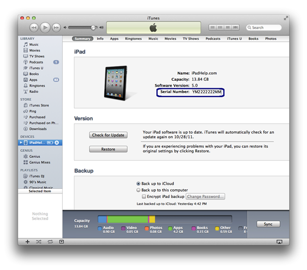 iPad serial number in iTunes