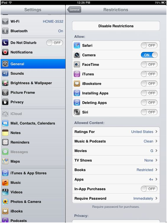 iPad settings restrictions